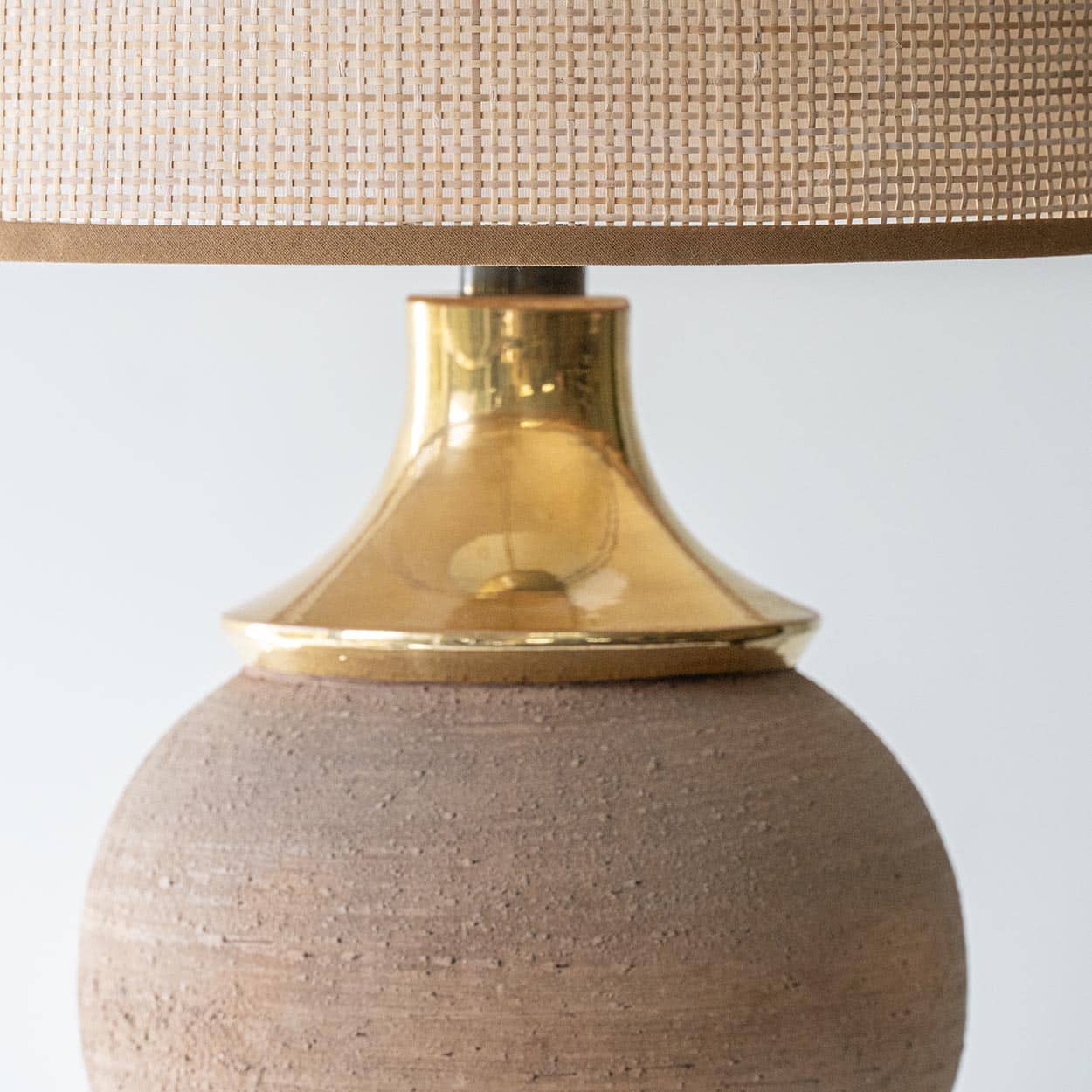 Bitossi Round Stone Gold Lamp, Custom Rattan Double Lampshade by R. Houben