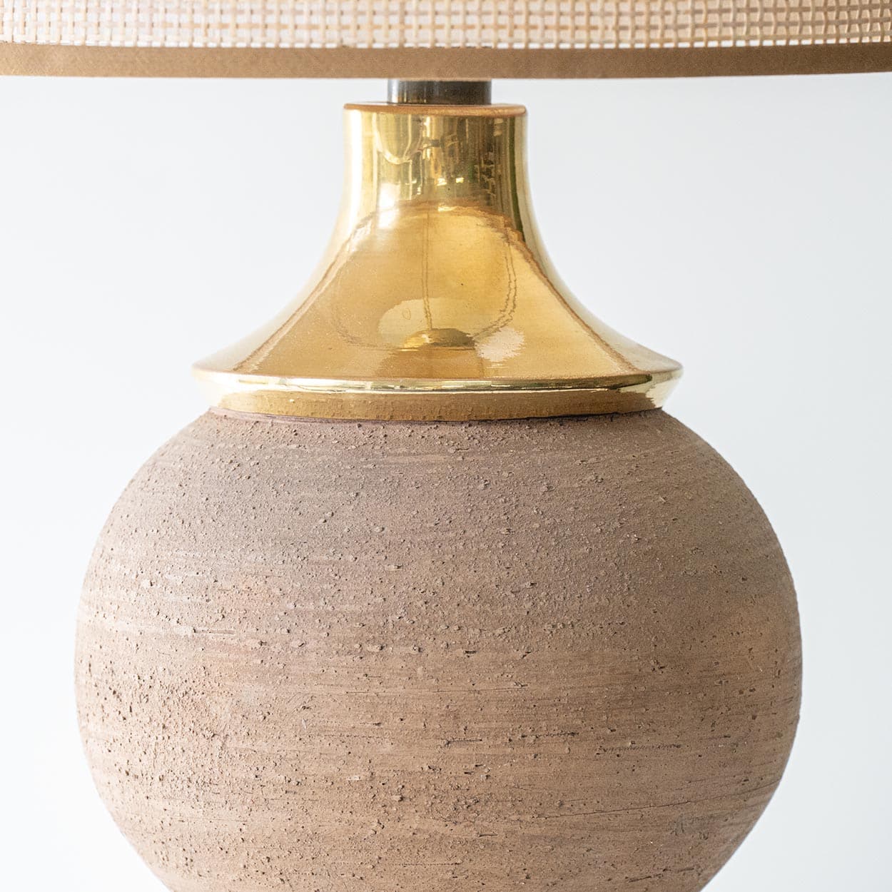 Bitossi Round Stone Gold Lamp, Custom Rattan Double Lampshade by R. Houben