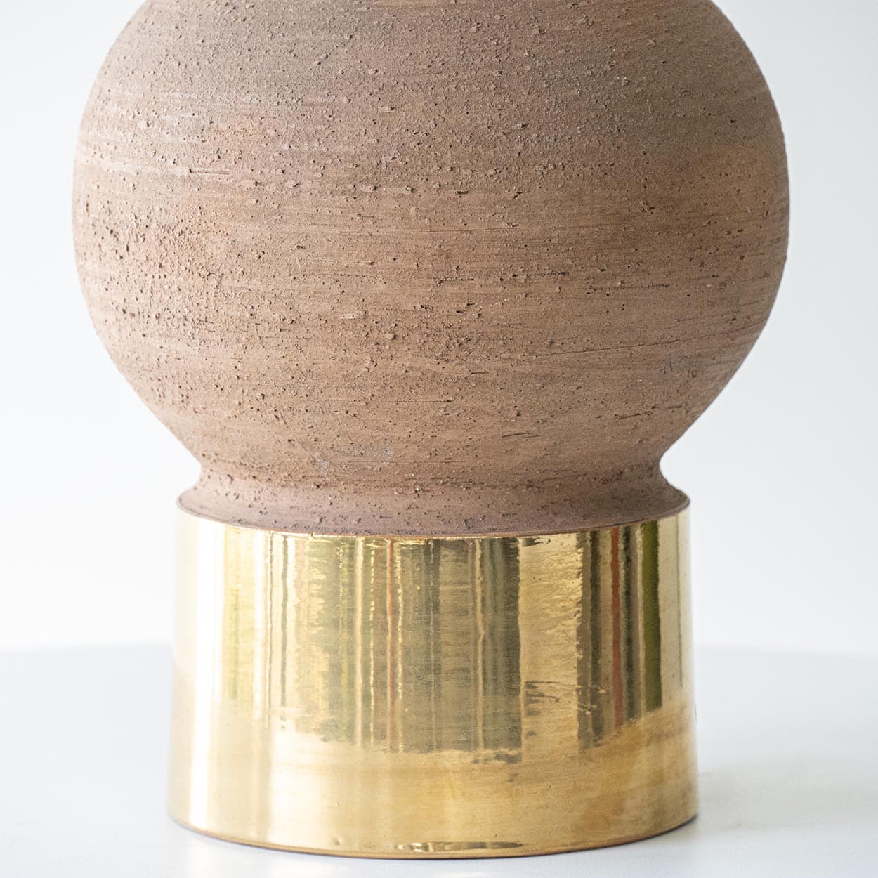 Bitossi Round Stone Gold Lamp, Custom Rattan Double Lampshade by R. Houben