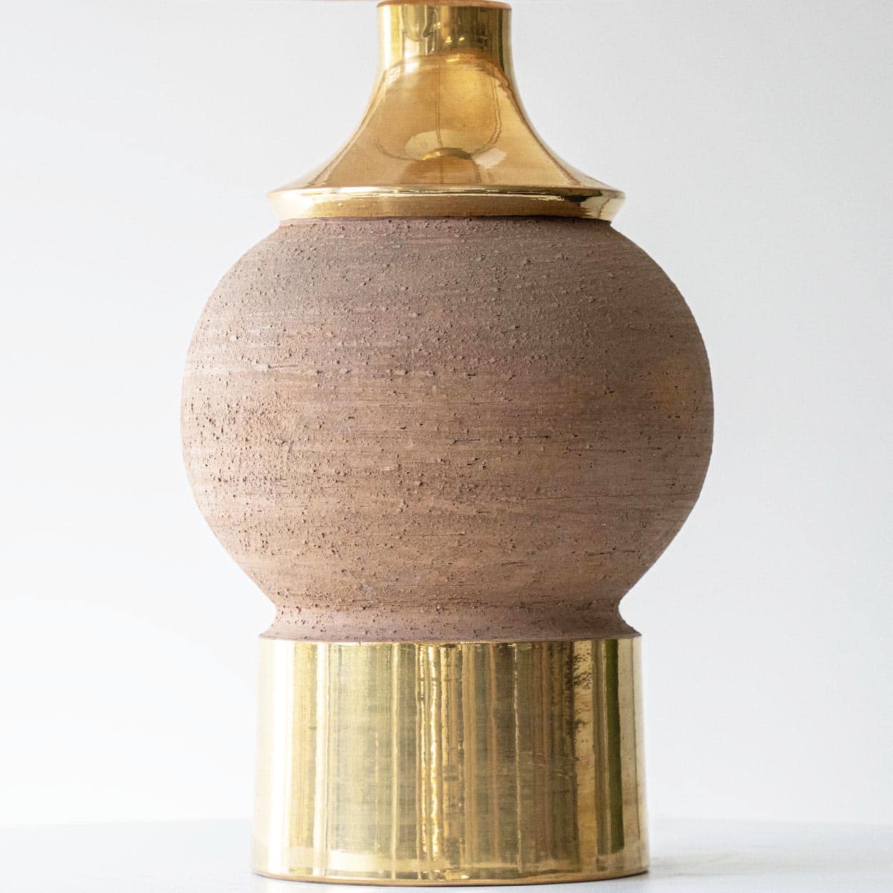 Bitossi Round Stone Gold Lamp, Custom Rattan Double Lampshade by R. Houben