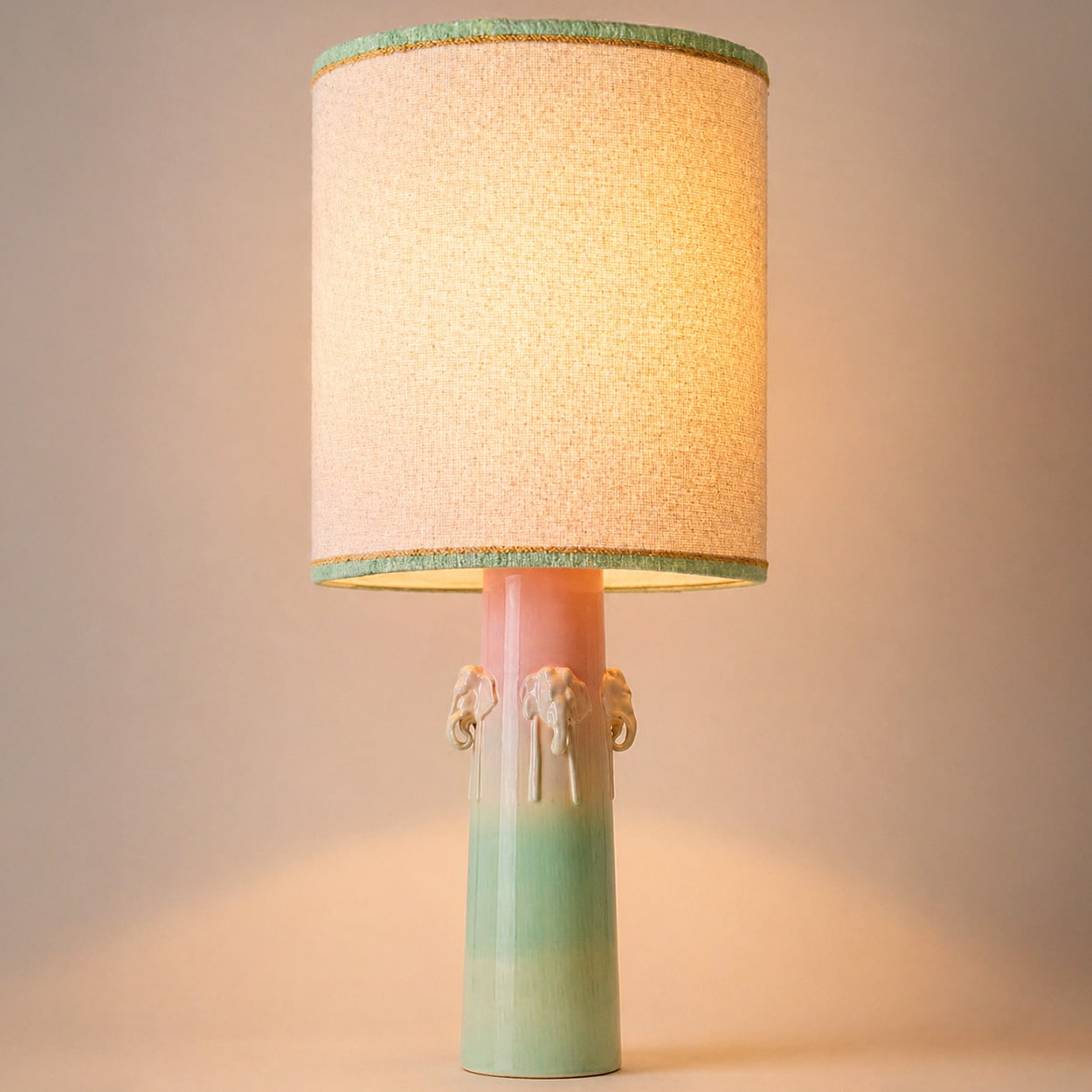 Pink Mint Elephants Ceramic Lamp, Custom Made Pink Mint Lampshade by R. Houben