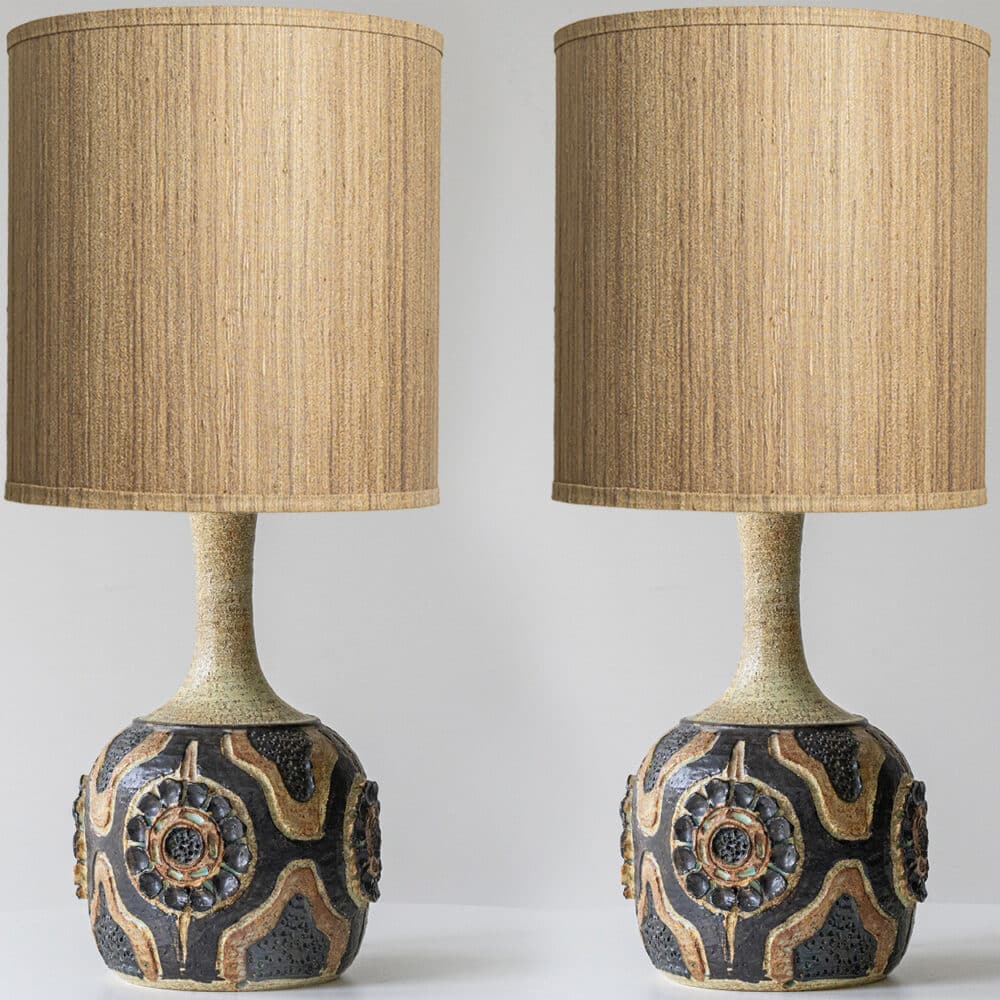 1 of the 2 Axella Ceramic Lamps Carved Pattern, Custom Made Shade by R. Houben