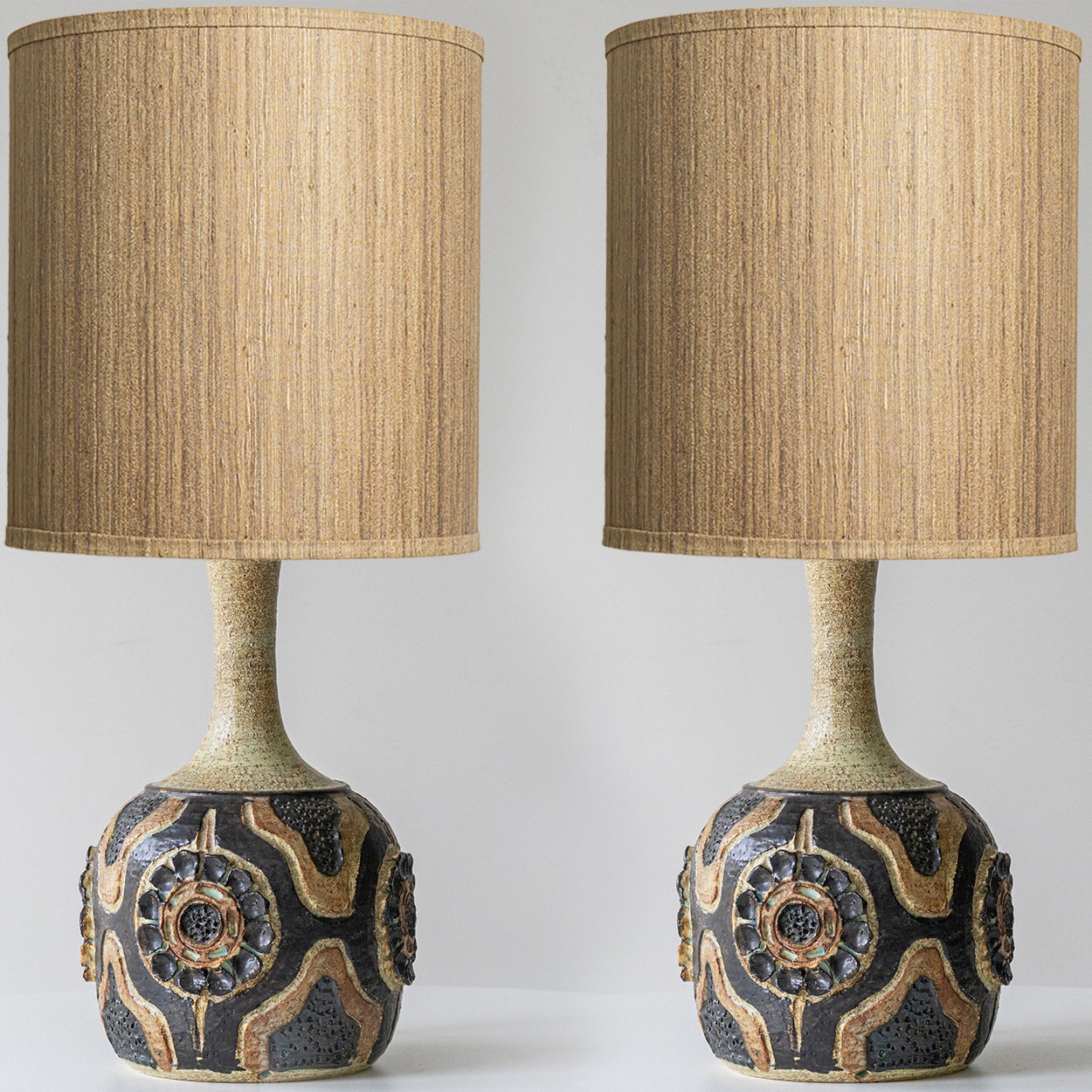 1 of the 2 Axella Ceramic Lamps Carved Pattern, Custom Made Shade by R. Houben