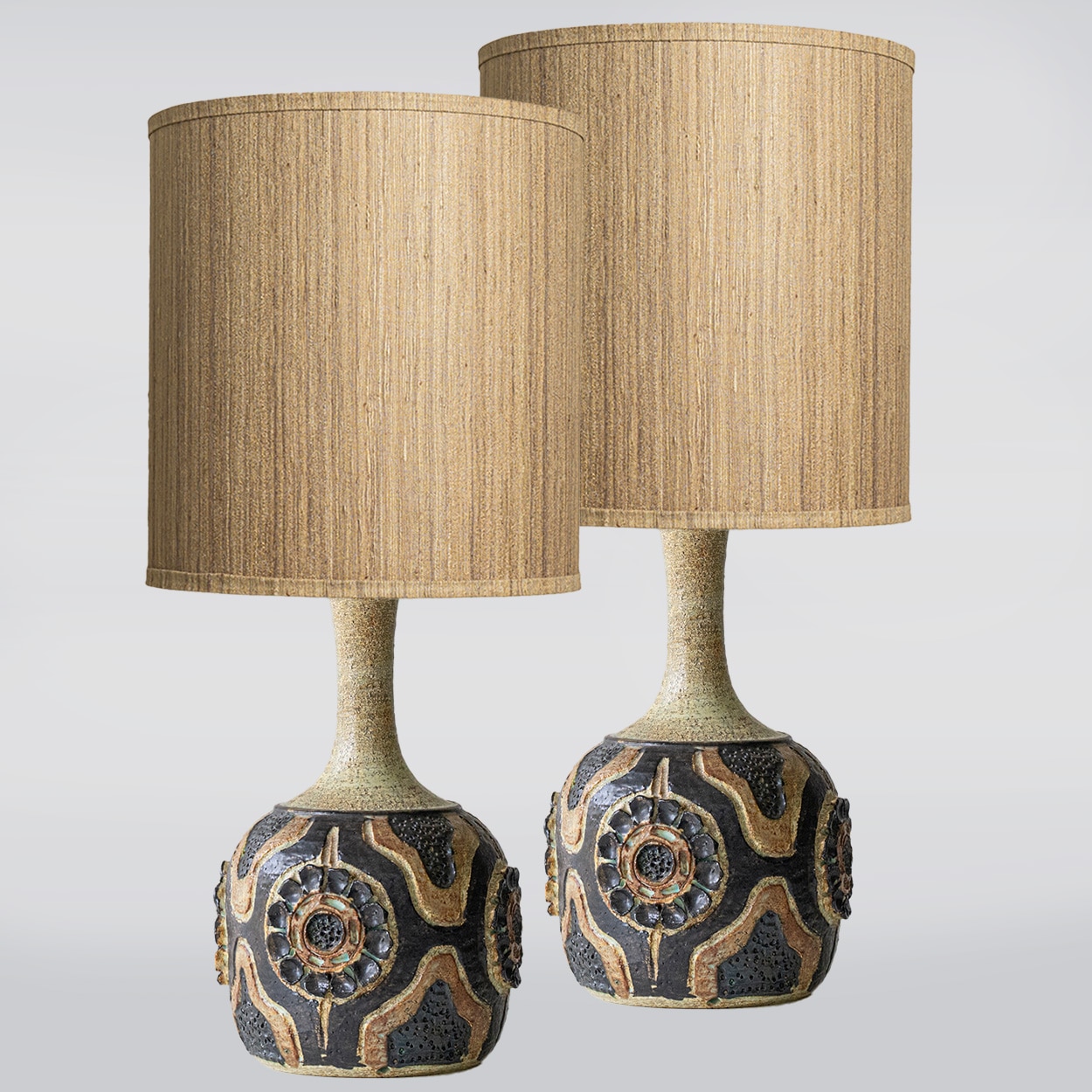 1 of the 2 Axella Ceramic Lamps Carved Pattern, Custom Made Shade by R. Houben