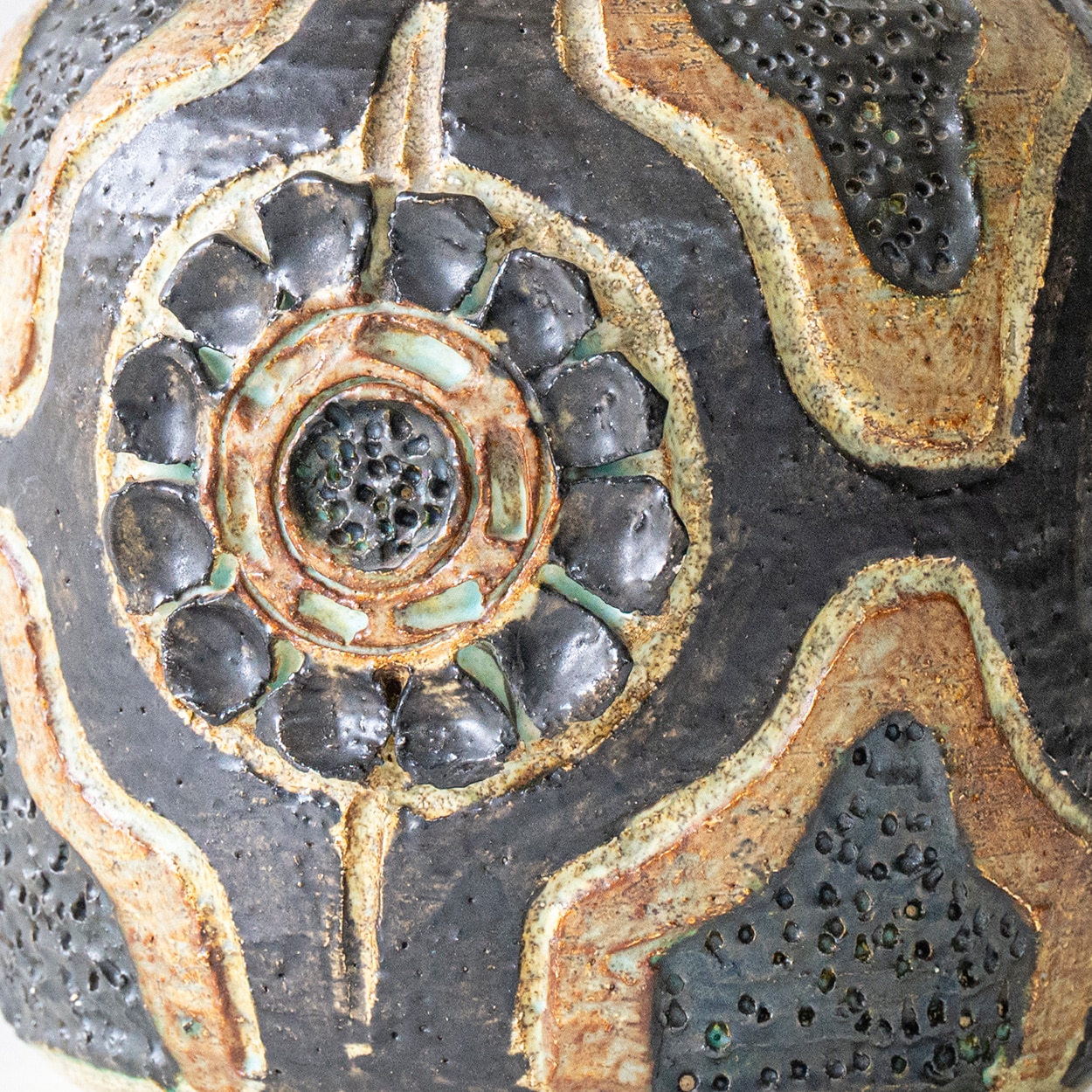 1 of the 2 Axella Ceramic Lamps Carved Pattern, Custom Made Shade by R. Houben