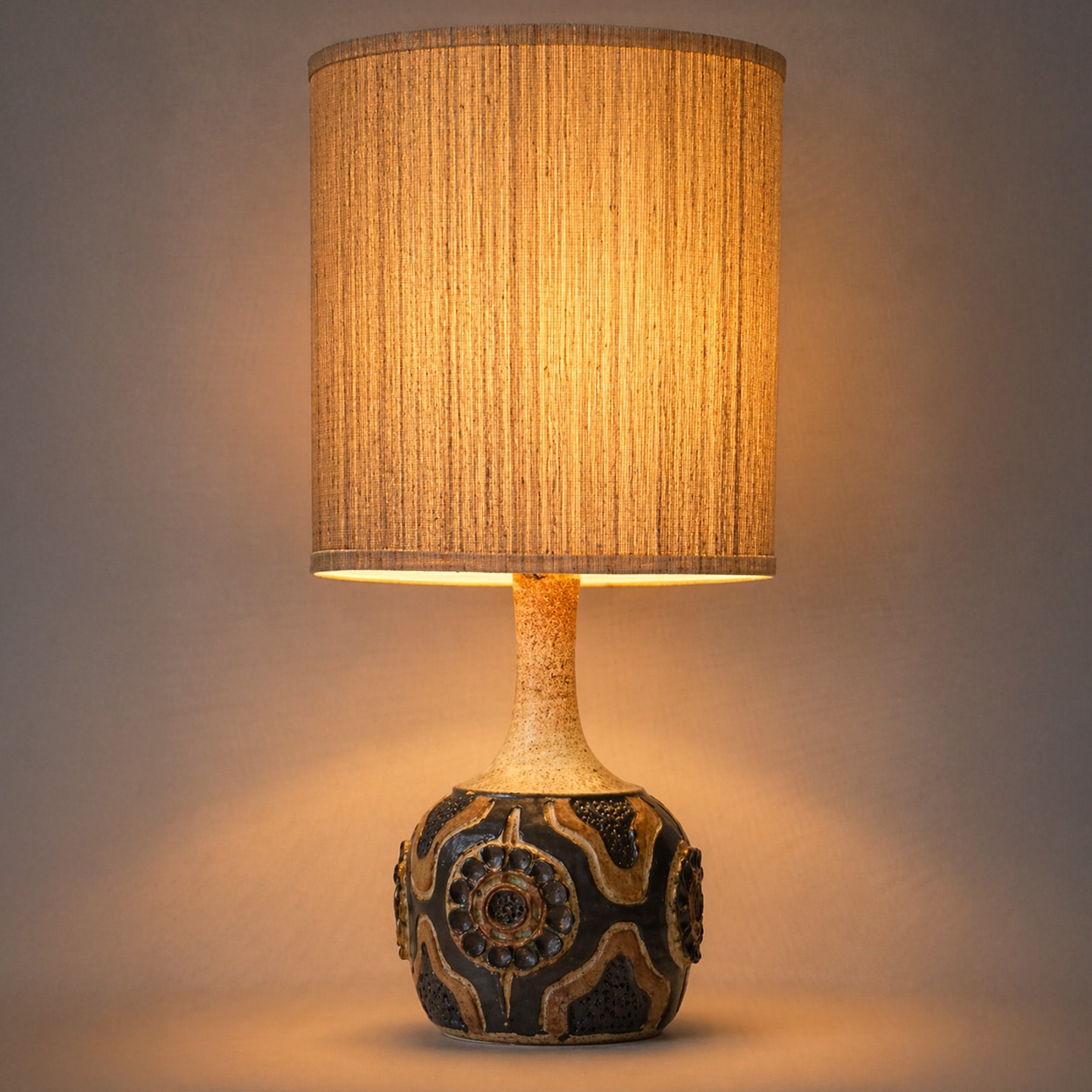 1 of the 2 Axella Ceramic Lamps Carved Pattern, Custom Made Shade by R. Houben