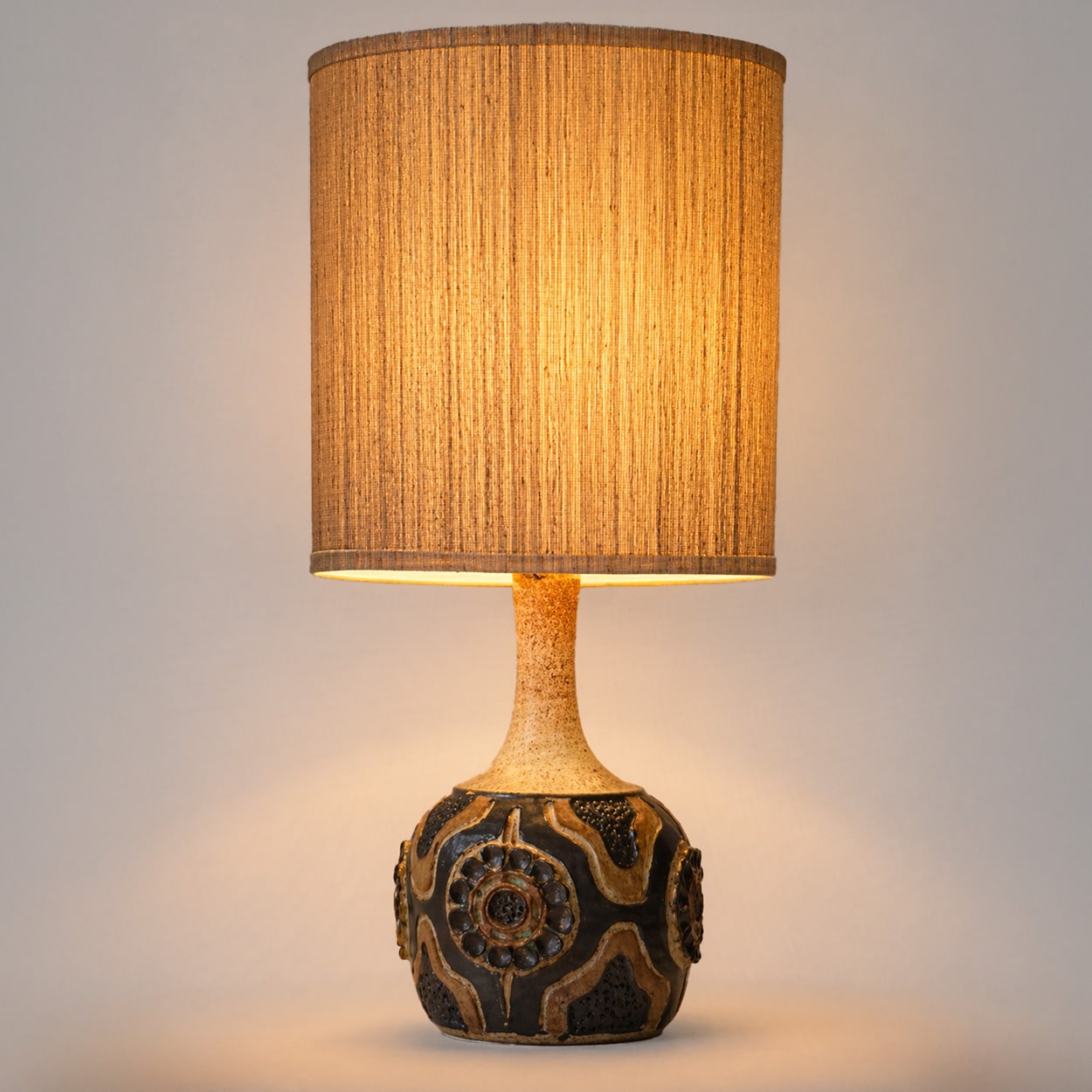1 of the 2 Axella Ceramic Lamps Carved Pattern, Custom Made Shade by R. Houben