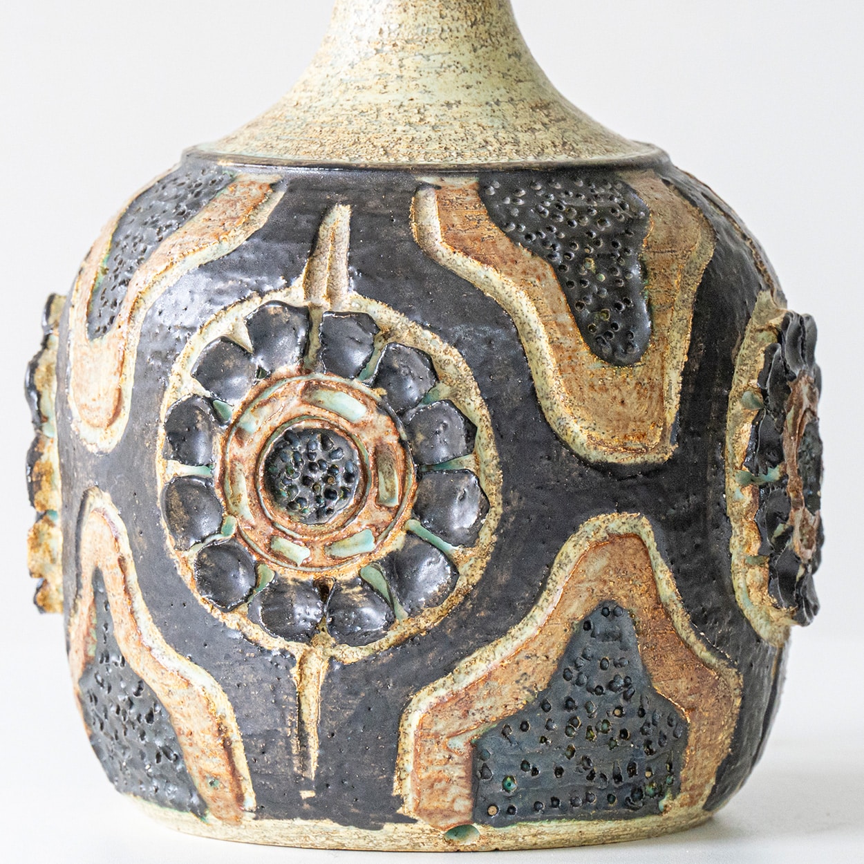 1 of the 2 Axella Ceramic Lamps Carved Pattern, Custom Made Shade by R. Houben