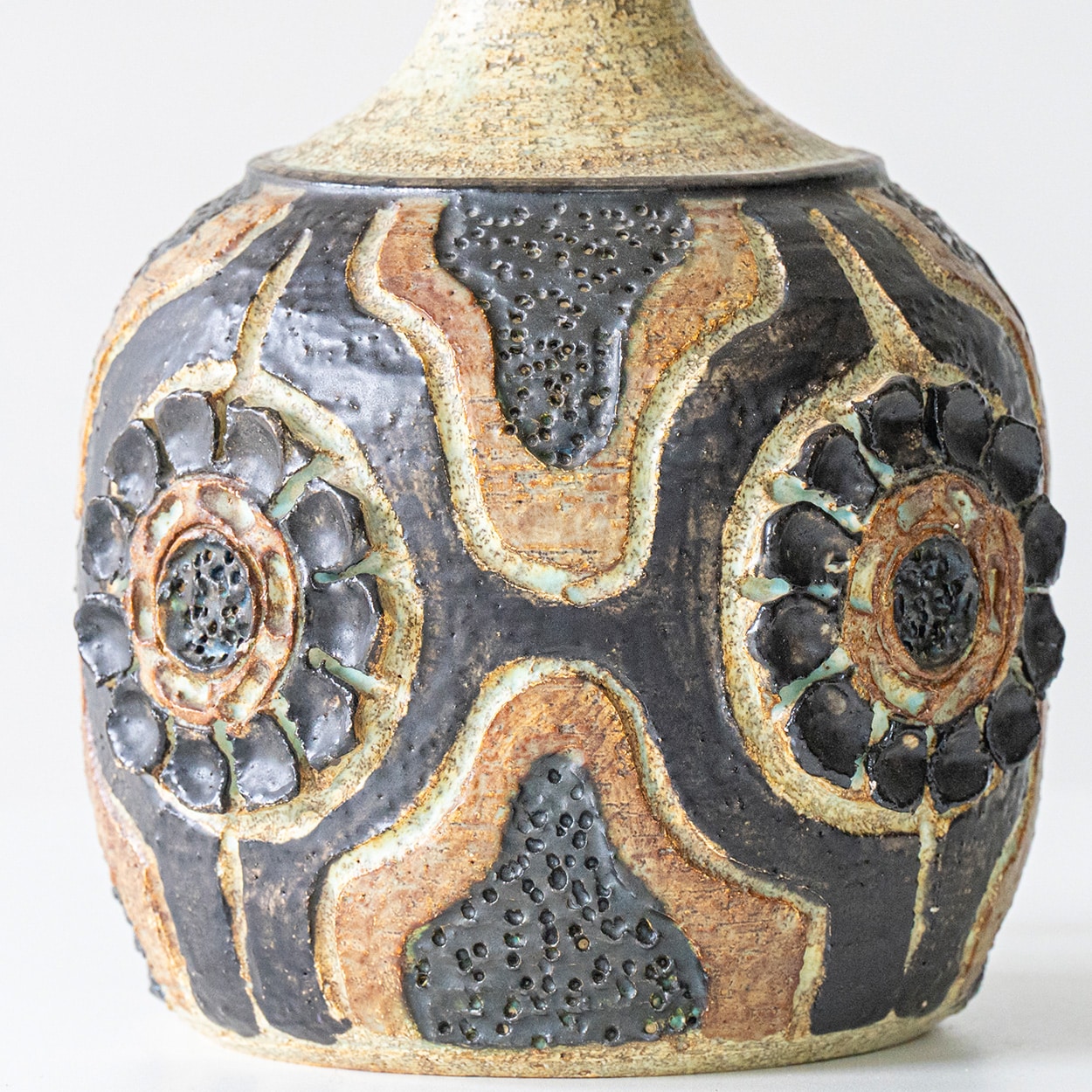 1 of the 2 Axella Ceramic Lamps Carved Pattern, Custom Made Shade by R. Houben