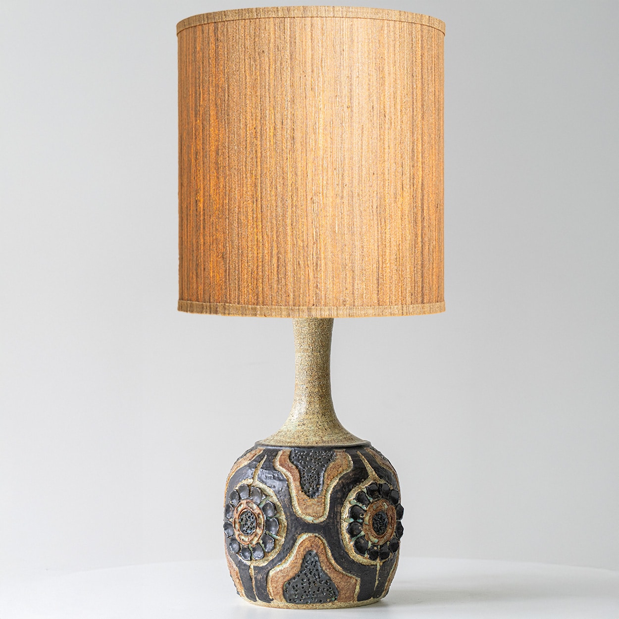1 of the 2 Axella Ceramic Lamps Carved Pattern, Custom Made Shade by R. Houben
