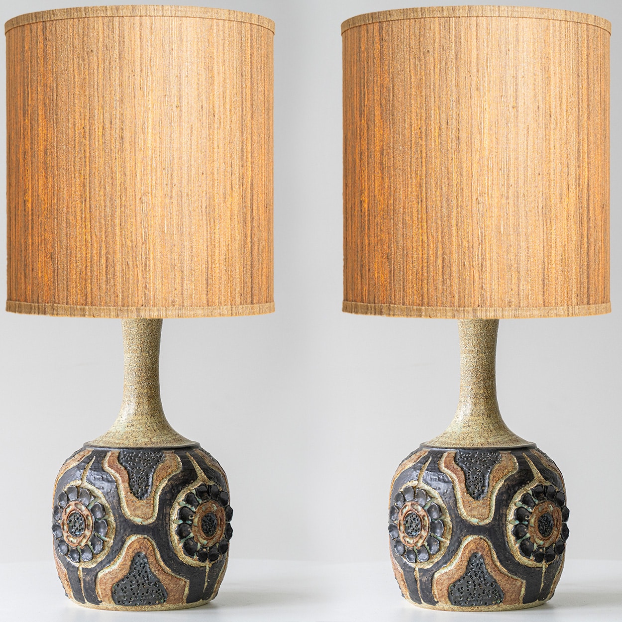 1 of the 2 Axella Ceramic Lamps Carved Pattern, Custom Made Shade by R. Houben