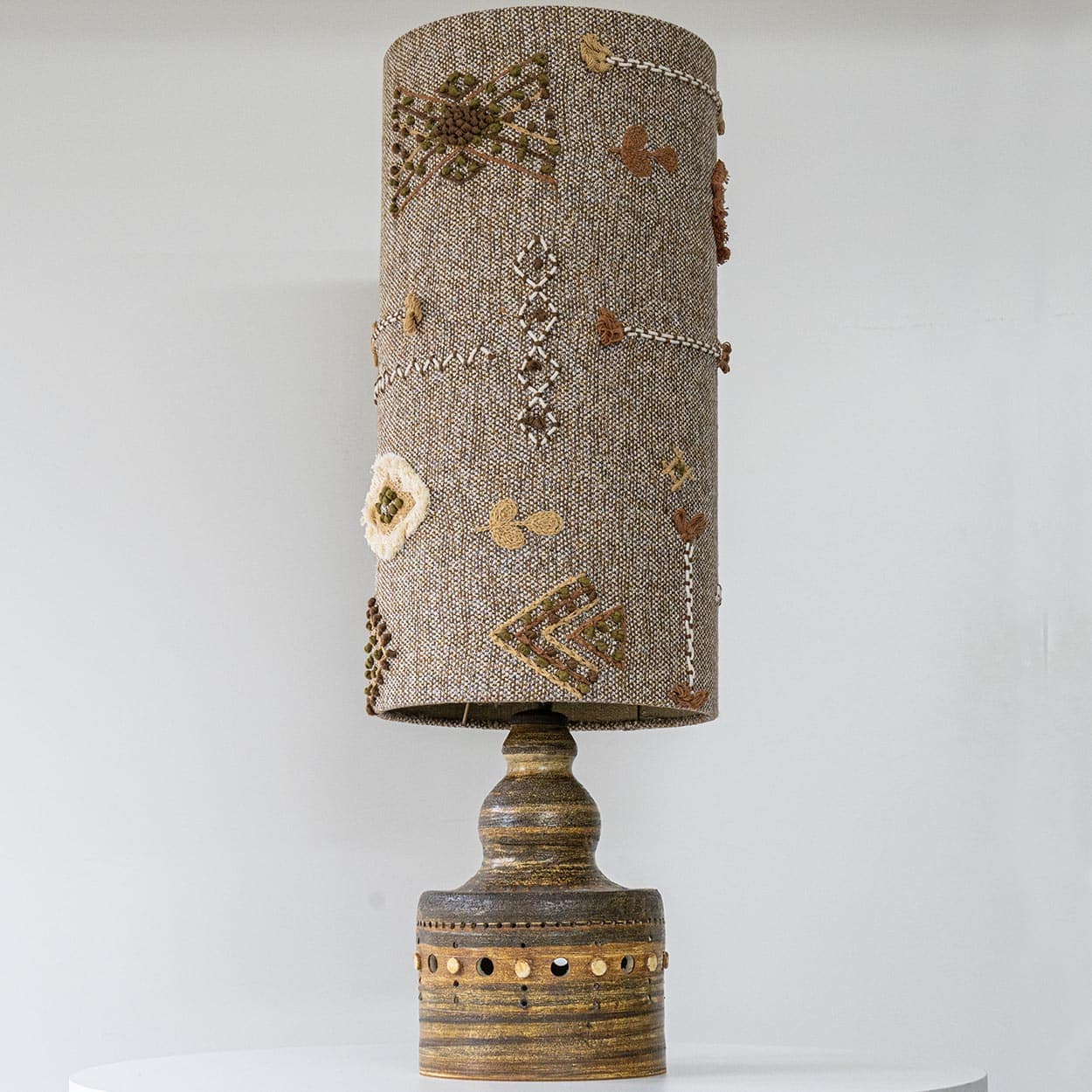 Natural Ceramic Lamp by Pelletier, Custom Made Emboidered Lampshade by R. Houben