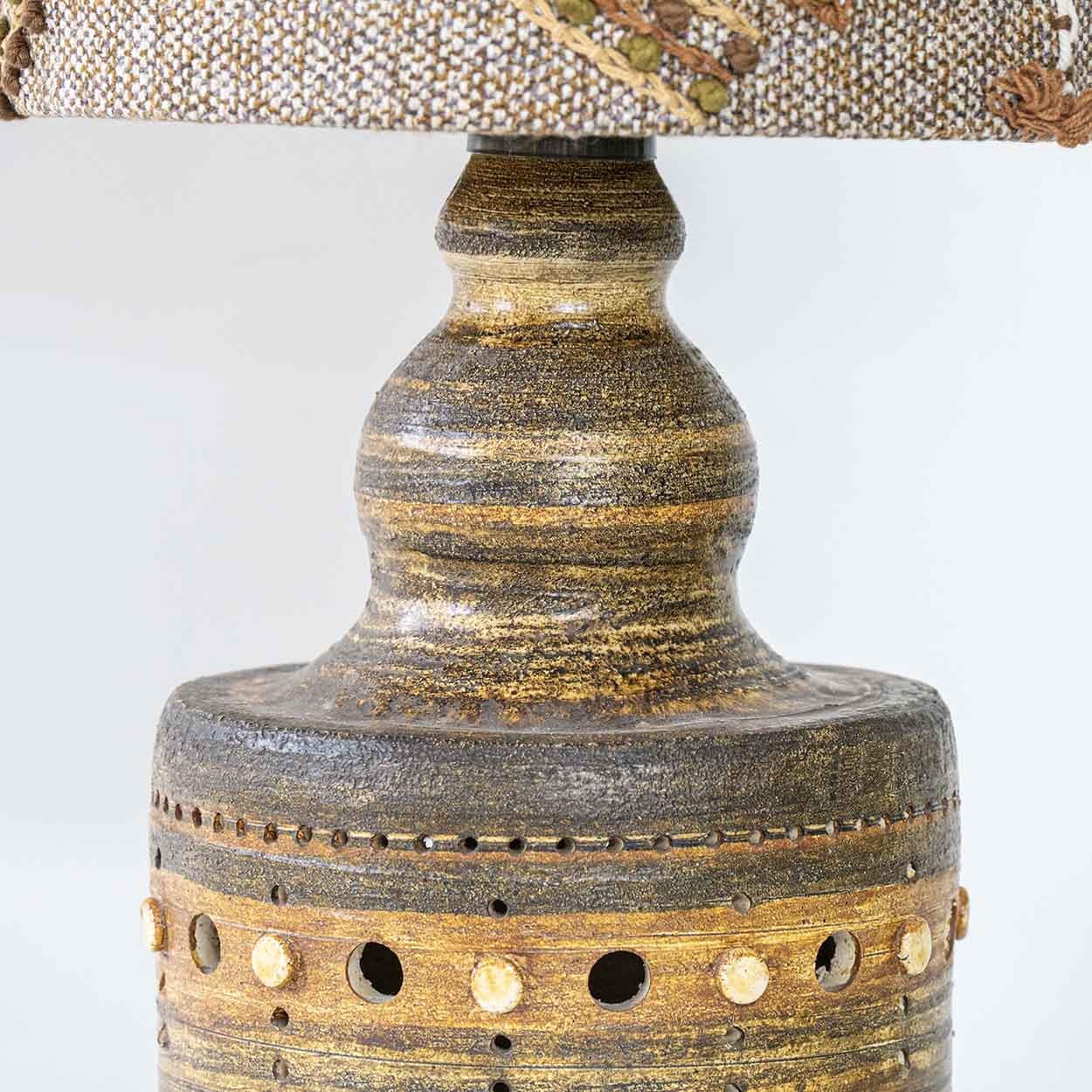Natural Ceramic Lamp by Pelletier, Custom Made Emboidered Lampshade by R. Houben