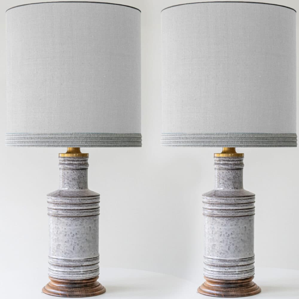 1 of the 2 Gray Ceramic Lamps, Custom Neutral Lampshades by R. Houben
