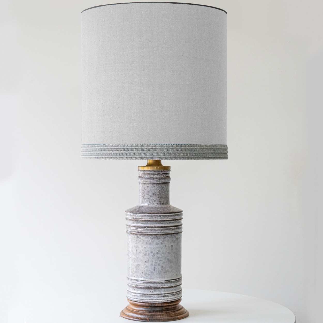 1 of the 2 Gray Ceramic Lamps, Custom Neutral Lampshades by R. Houben