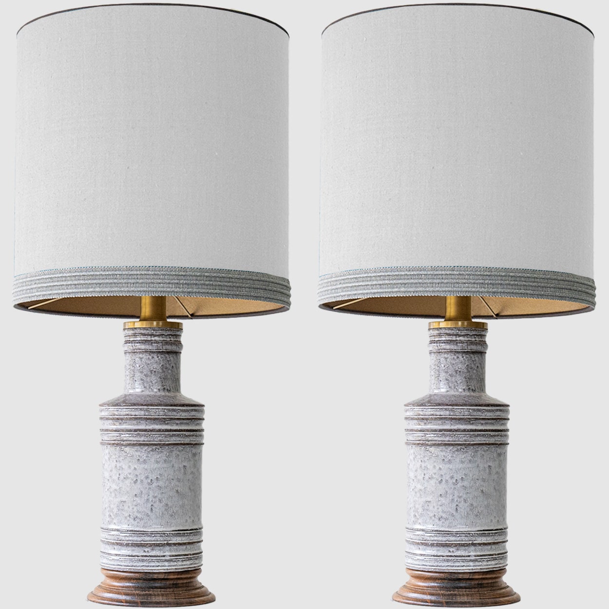 1 of the 2 Gray Ceramic Lamps, Custom Neutral Lampshades by R. Houben