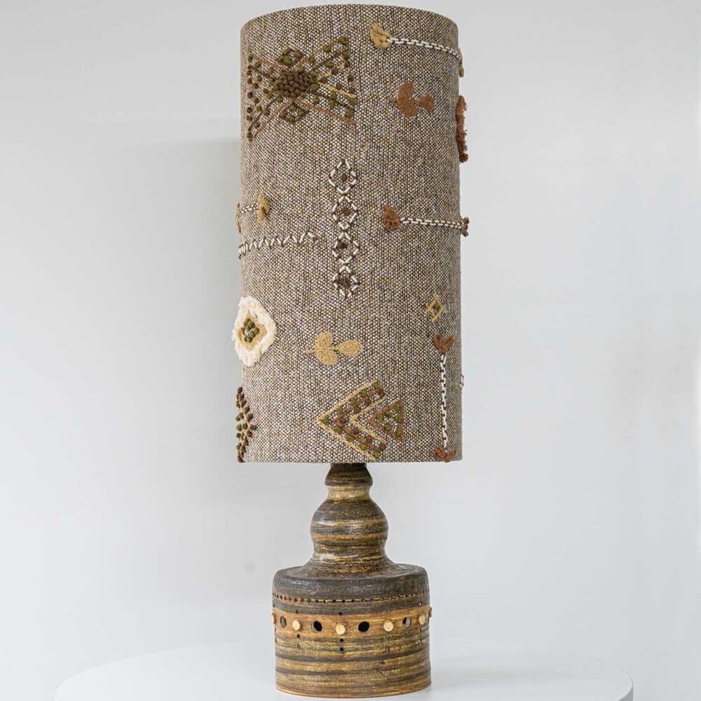 Natural Ceramic Lamp by Pelletier, Custom Made Emboidered Lampshade by R. Houben