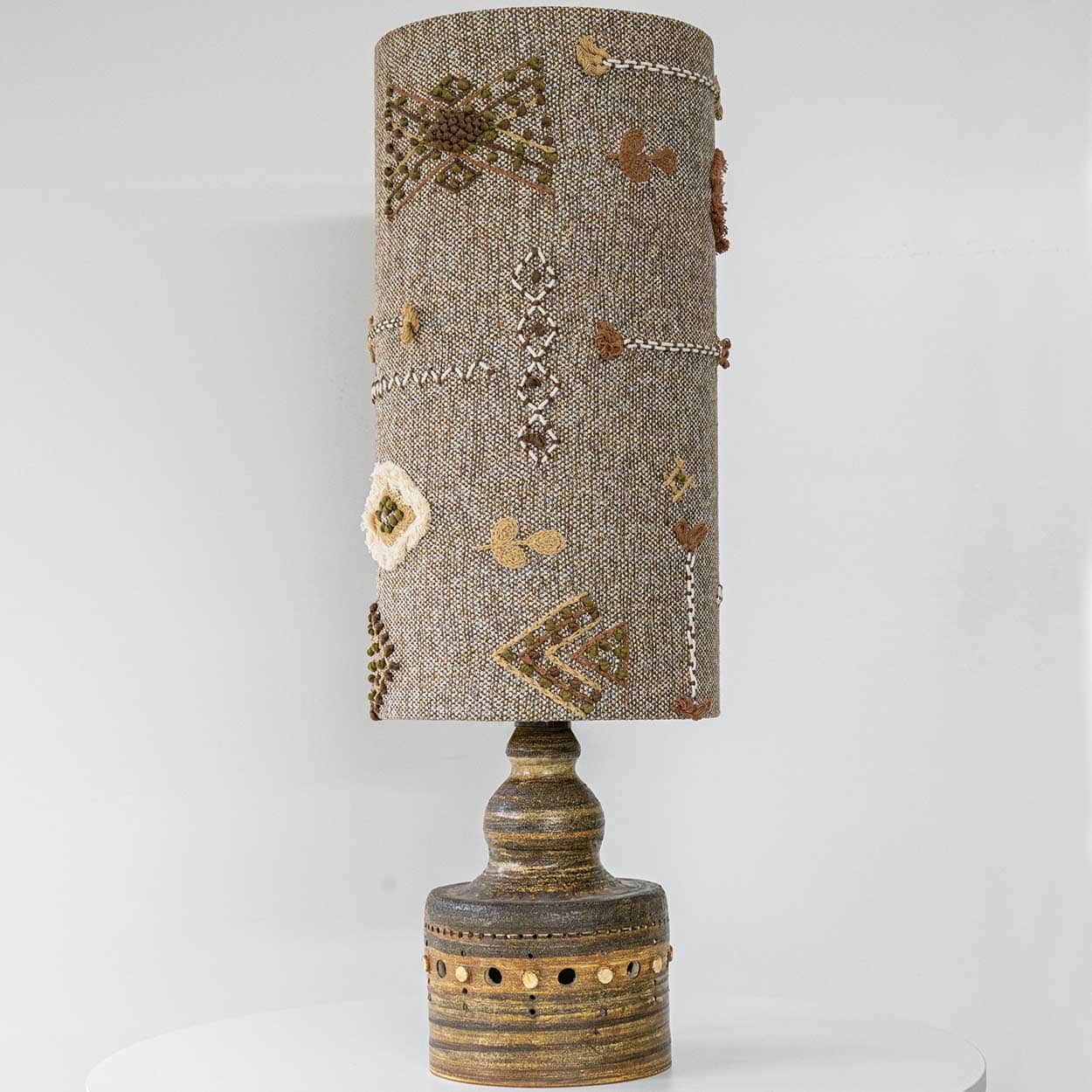 Natural Ceramic Lamp by Pelletier, Custom Made Emboidered Lampshade by R. Houben