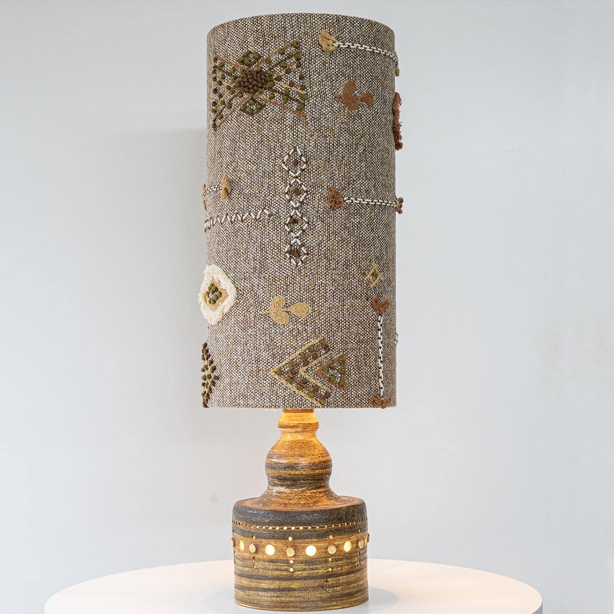 Natural Ceramic Lamp by Pelletier, Custom Made Emboidered Lampshade by R. Houben