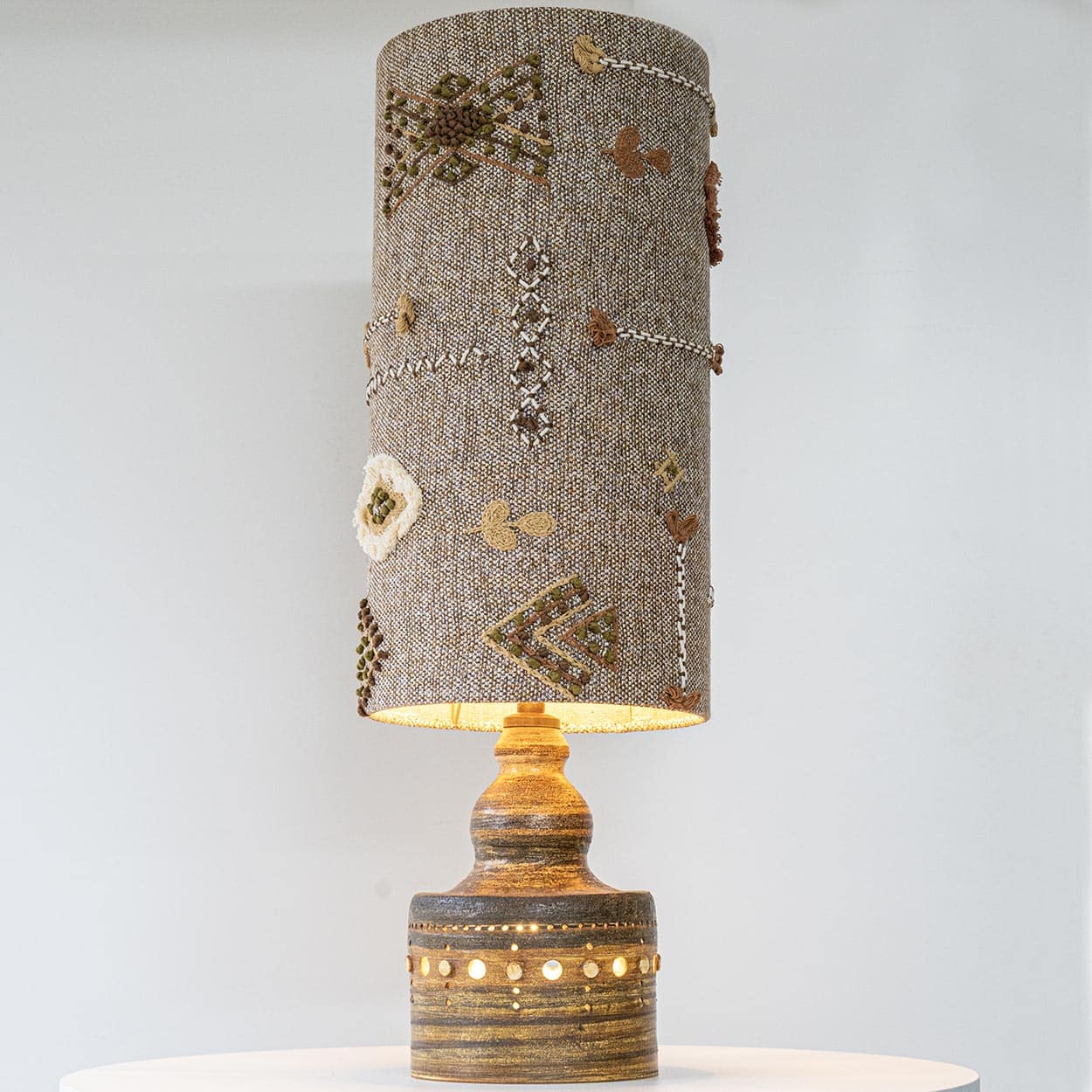 Natural Ceramic Lamp by Pelletier, Custom Made Emboidered Lampshade by R. Houben