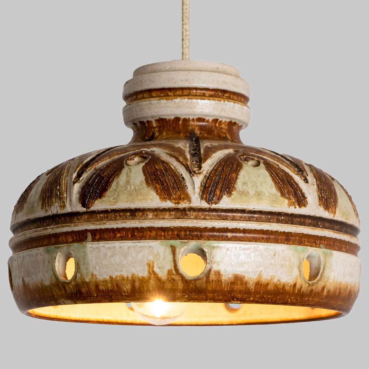 1 of the 3 Stunning Ceramic Brown Beige Pendants, Denmark 1960s