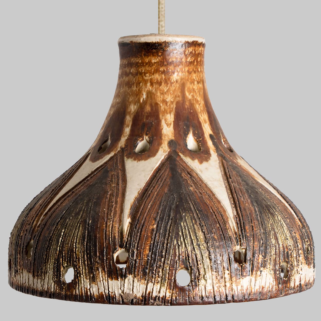 1 of the 3 Stunning Ceramic Brown Beige Pendants, Denmark 1960s