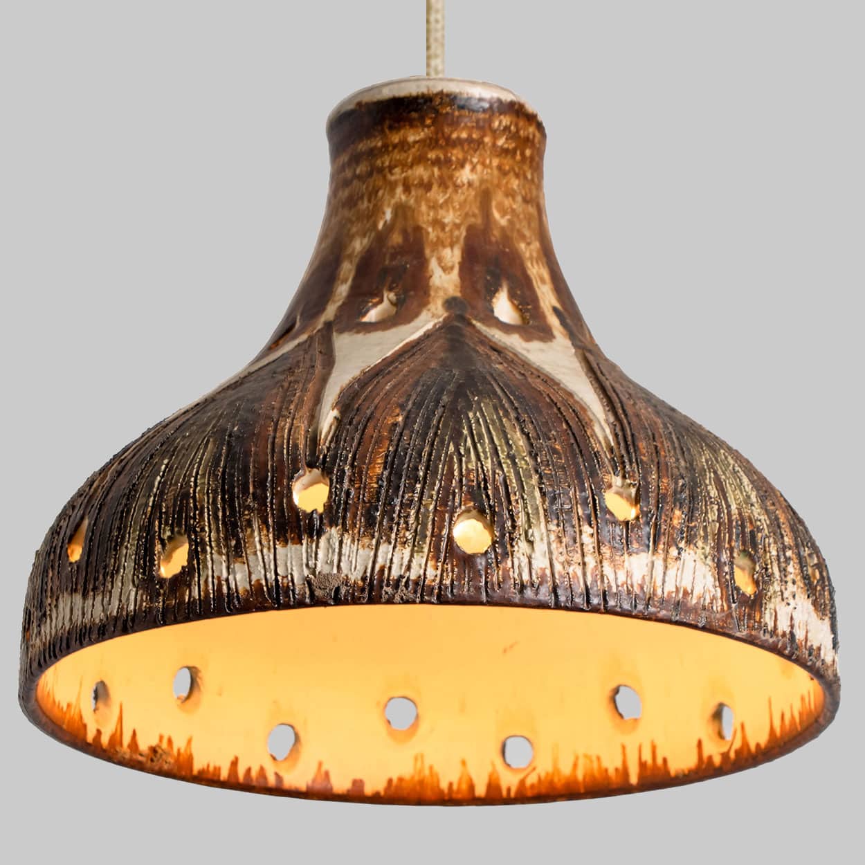 1 of the 3 Stunning Ceramic Brown Beige Pendants, Denmark 1960s