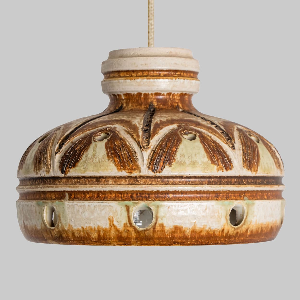 1 of the 3 Stunning Ceramic Brown Beige Pendants, Denmark 1960s