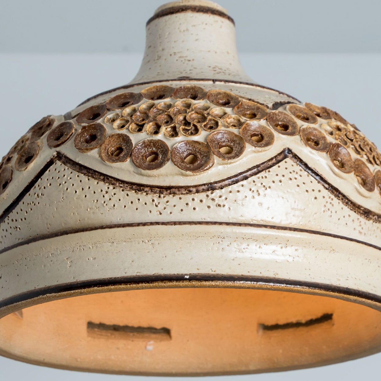 1 of the 3 Stunning Ceramic Brown Beige Pendants, Denmark 1960s