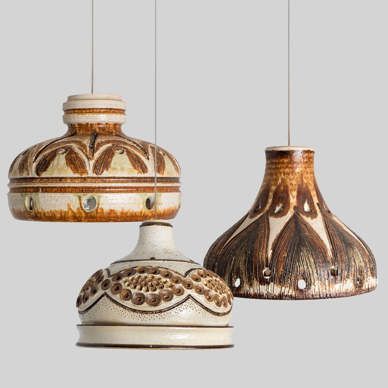 1 of the 3 Stunning Ceramic Brown Beige Pendants, Denmark 1960s