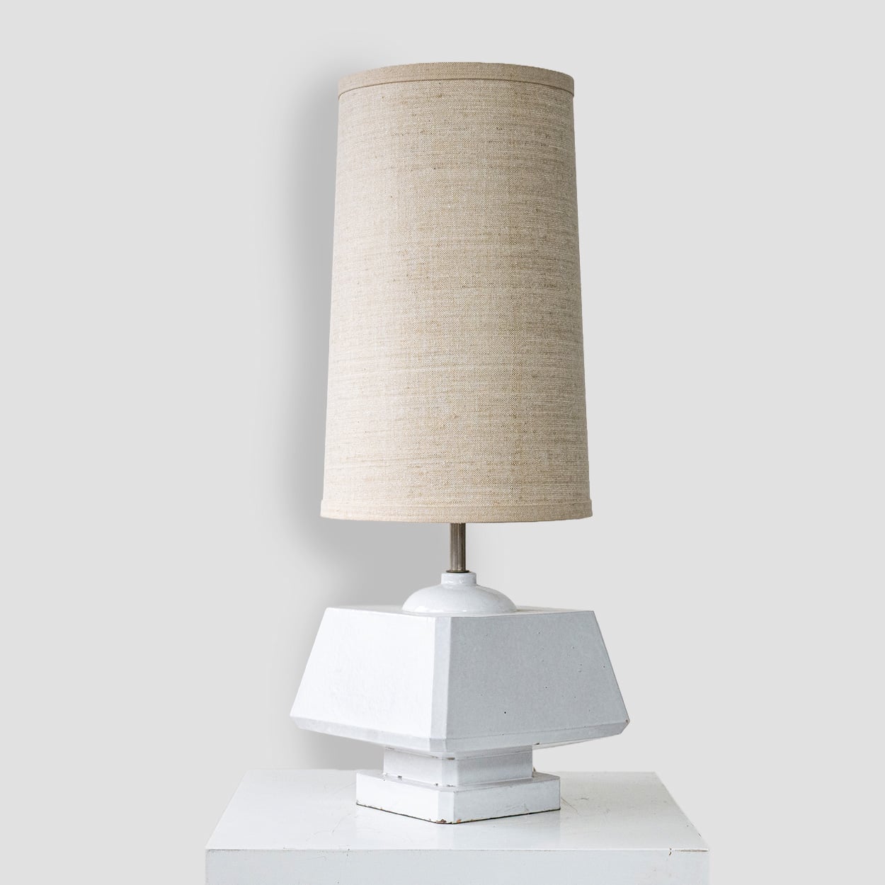 White Glazed Ceramic Table Lamp, Custom Made Silk Lampshade by R. Houben