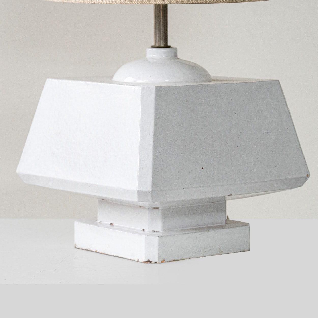 White Glazed Ceramic Table Lamp, Custom Made Silk Lampshade by R. Houben