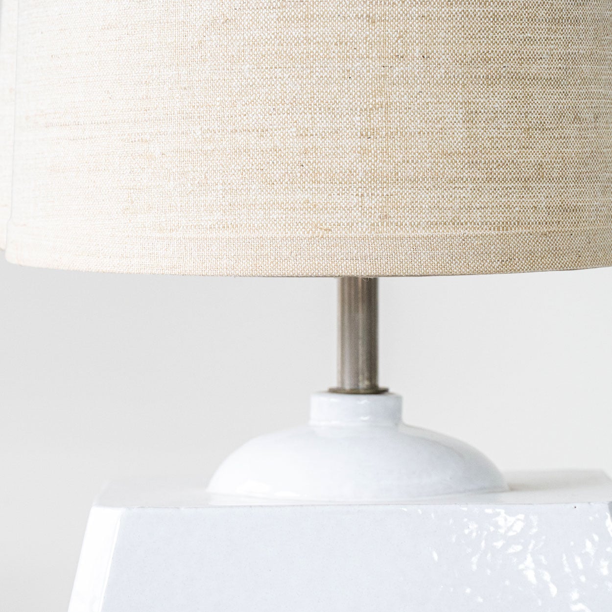 White Glazed Ceramic Table Lamp, Custom Made Silk Lampshade by R. Houben