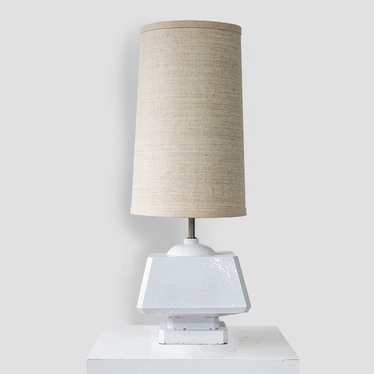 White Glazed Ceramic Table Lamp, Custom Made Silk Lampshade by R. Houben