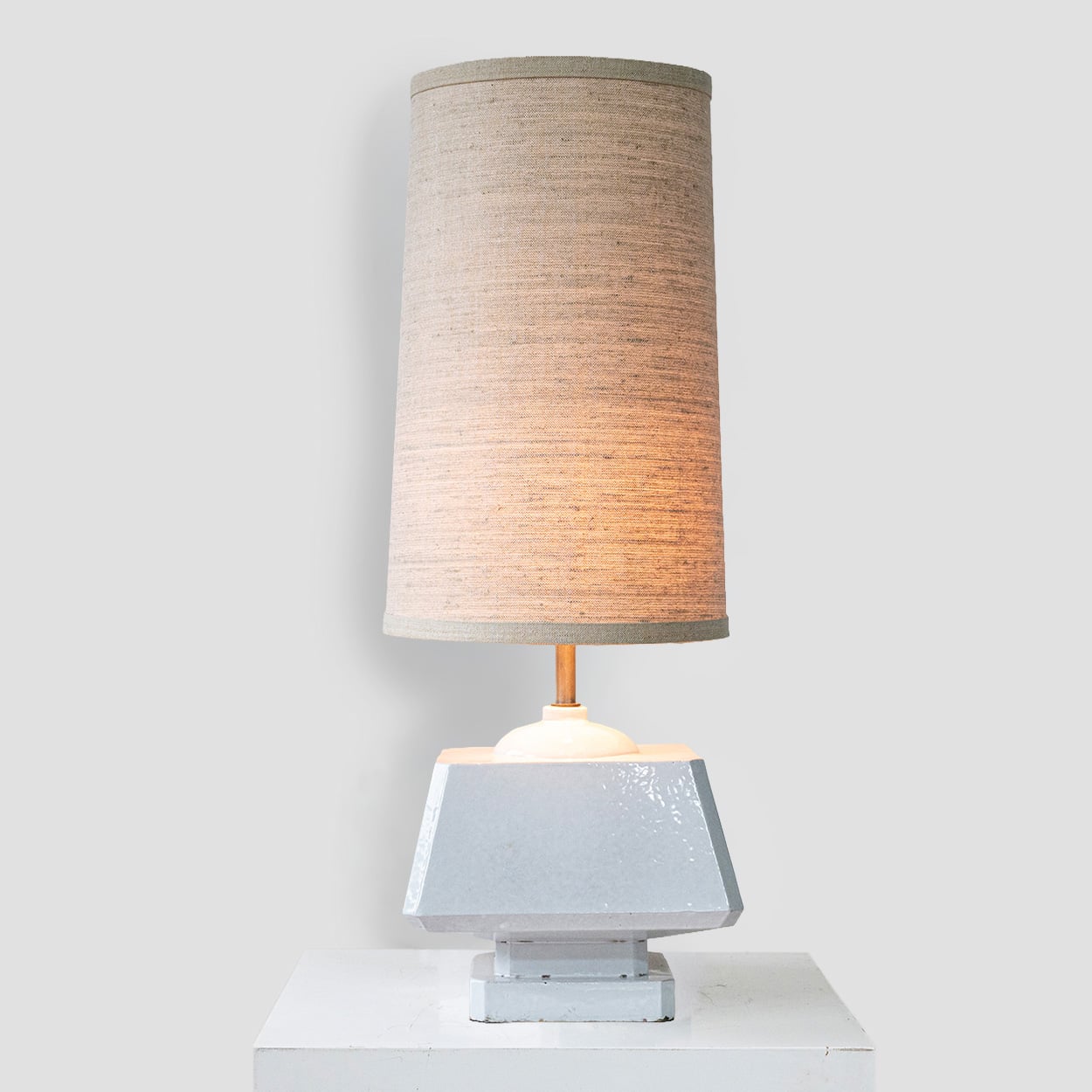 White Glazed Ceramic Table Lamp, Custom Made Silk Lampshade by R. Houben