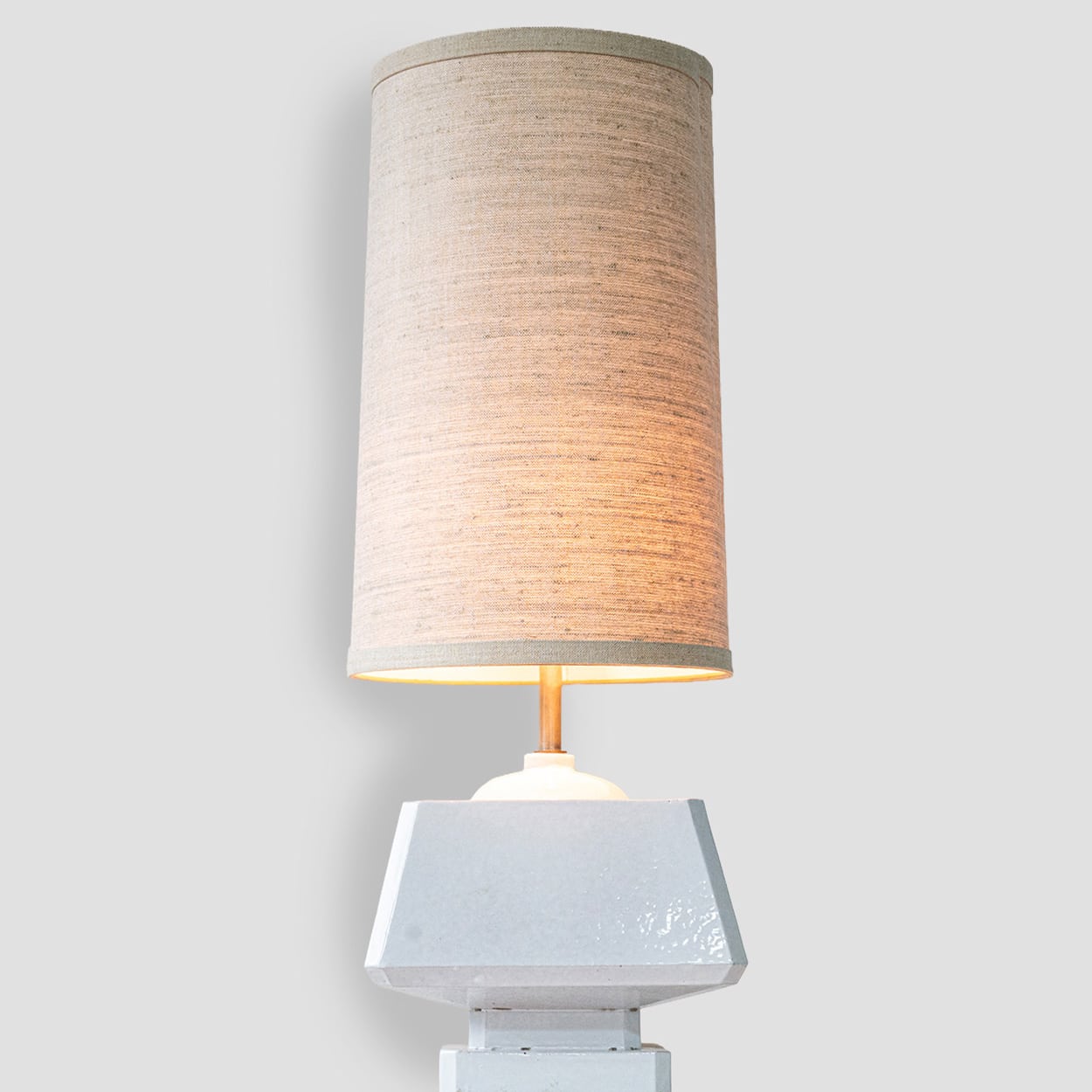 White Glazed Ceramic Table Lamp, Custom Made Silk Lampshade by R. Houben