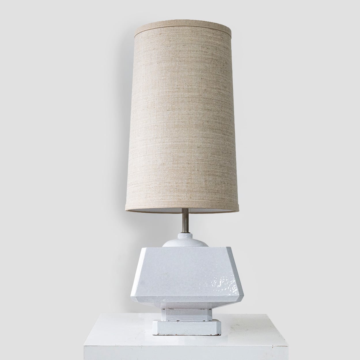 White Glazed Ceramic Table Lamp, Custom Made Silk Lampshade by R. Houben