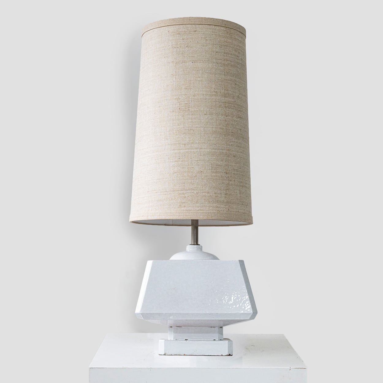 White Glazed Ceramic Table Lamp, Custom Made Silk Lampshade by R. Houben