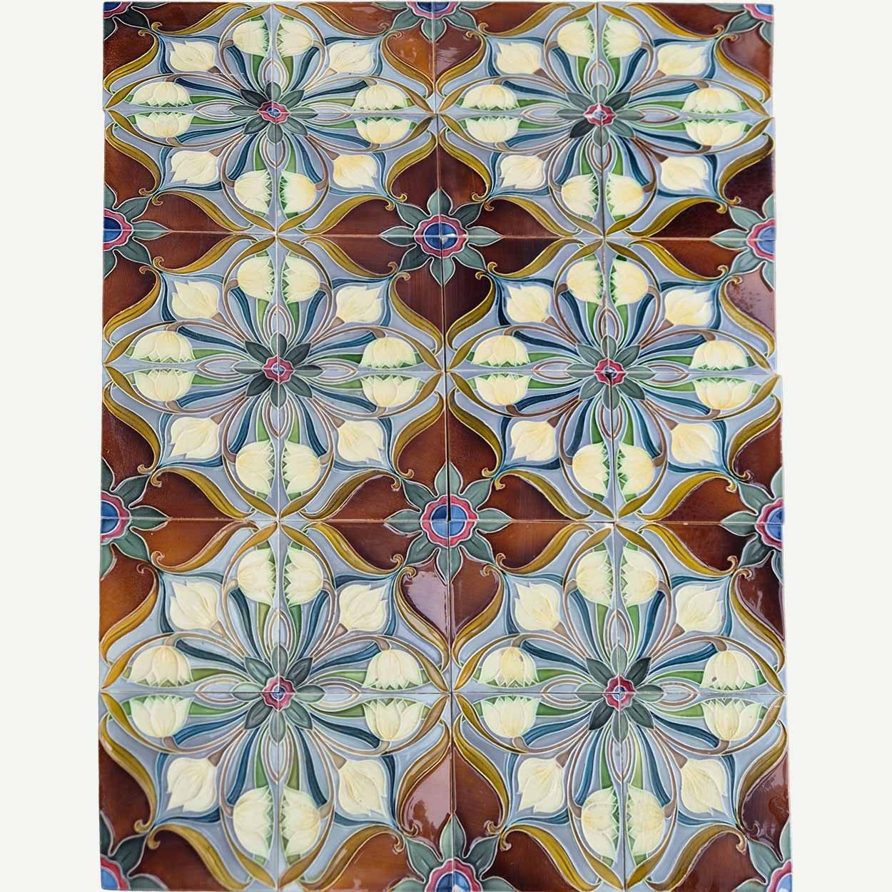 1 of the 20 Sets of 4 tiles Blue Brown Flower Glazed Tiles, Gilliot Hemiksem