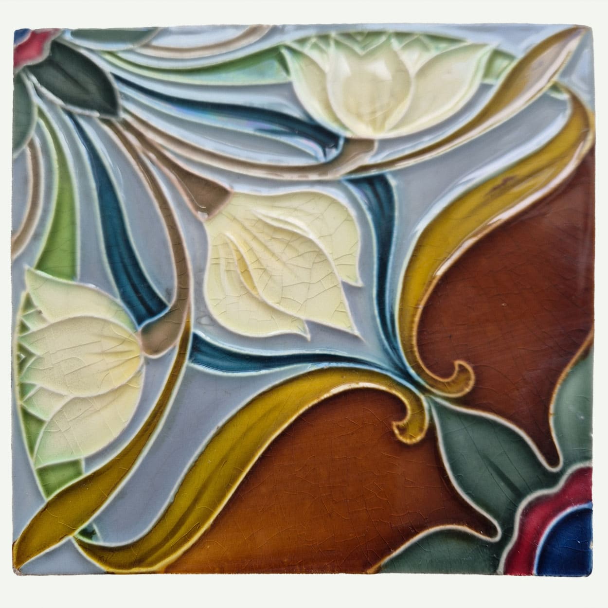 1 of the 20 Sets of 4 tiles Blue Brown Flower Glazed Tiles, Gilliot Hemiksem