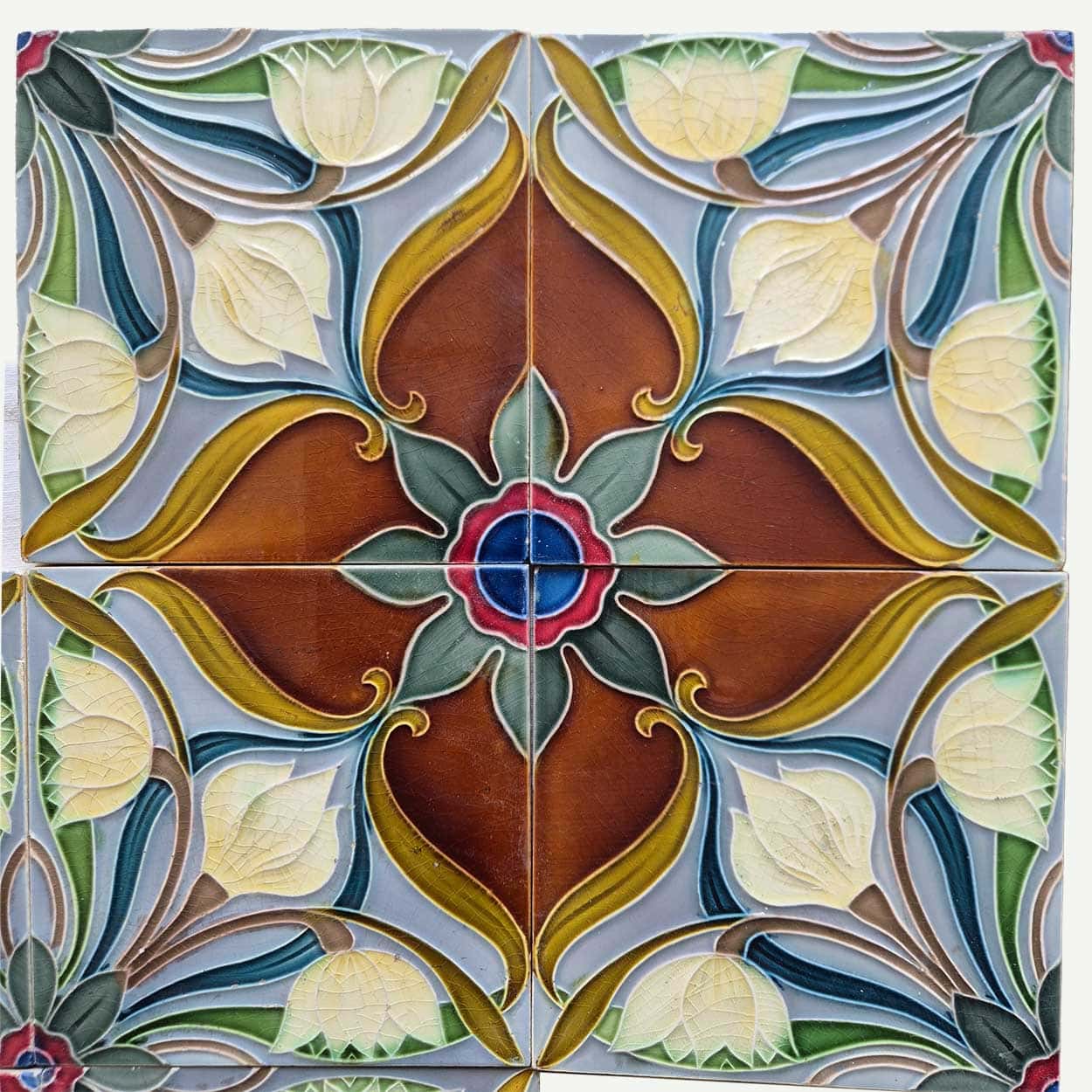 1 of the 20 Sets of 4 tiles Blue Brown Flower Glazed Tiles, Gilliot Hemiksem
