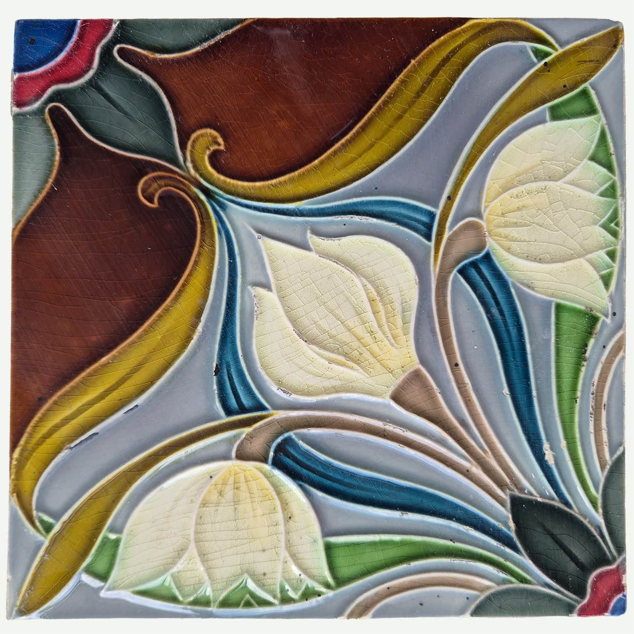 1 of the 20 Sets of 4 tiles Blue Brown Flower Glazed Tiles, Gilliot Hemiksem