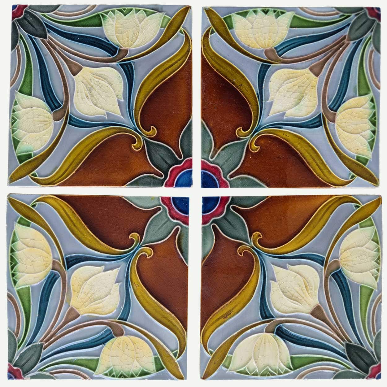 1 of the 20 Sets of 4 tiles Blue Brown Flower Glazed Tiles, Gilliot Hemiksem