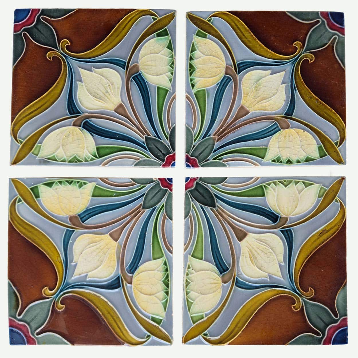 1 of the 20 Sets of 4 tiles Blue Brown Flower Glazed Tiles, Gilliot Hemiksem