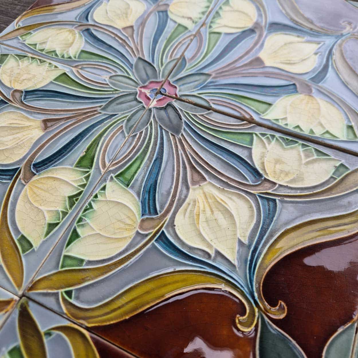 1 of the 20 Sets of 4 tiles Blue Brown Flower Glazed Tiles, Gilliot Hemiksem
