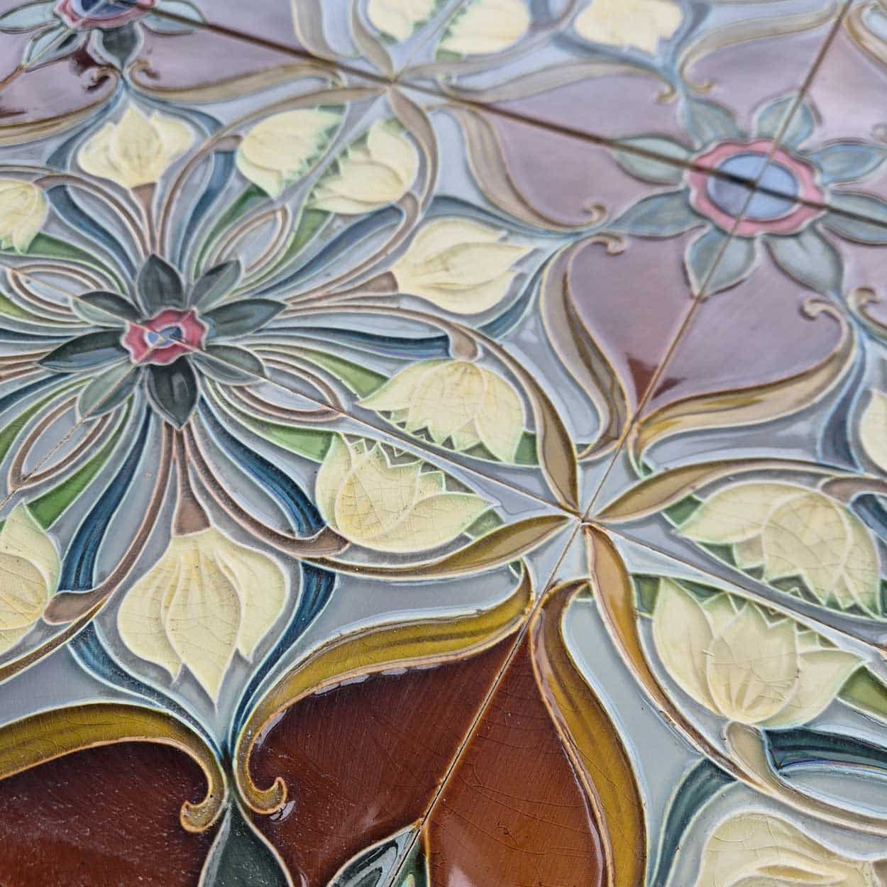 1 of the 20 Sets of 4 tiles Blue Brown Flower Glazed Tiles, Gilliot Hemiksem