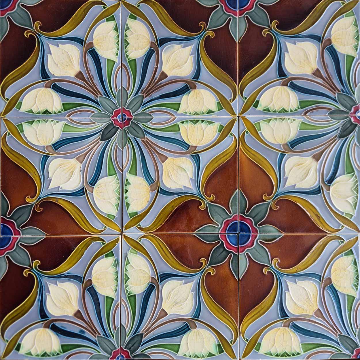 1 of the 20 Sets of 4 tiles Blue Brown Flower Glazed Tiles, Gilliot Hemiksem