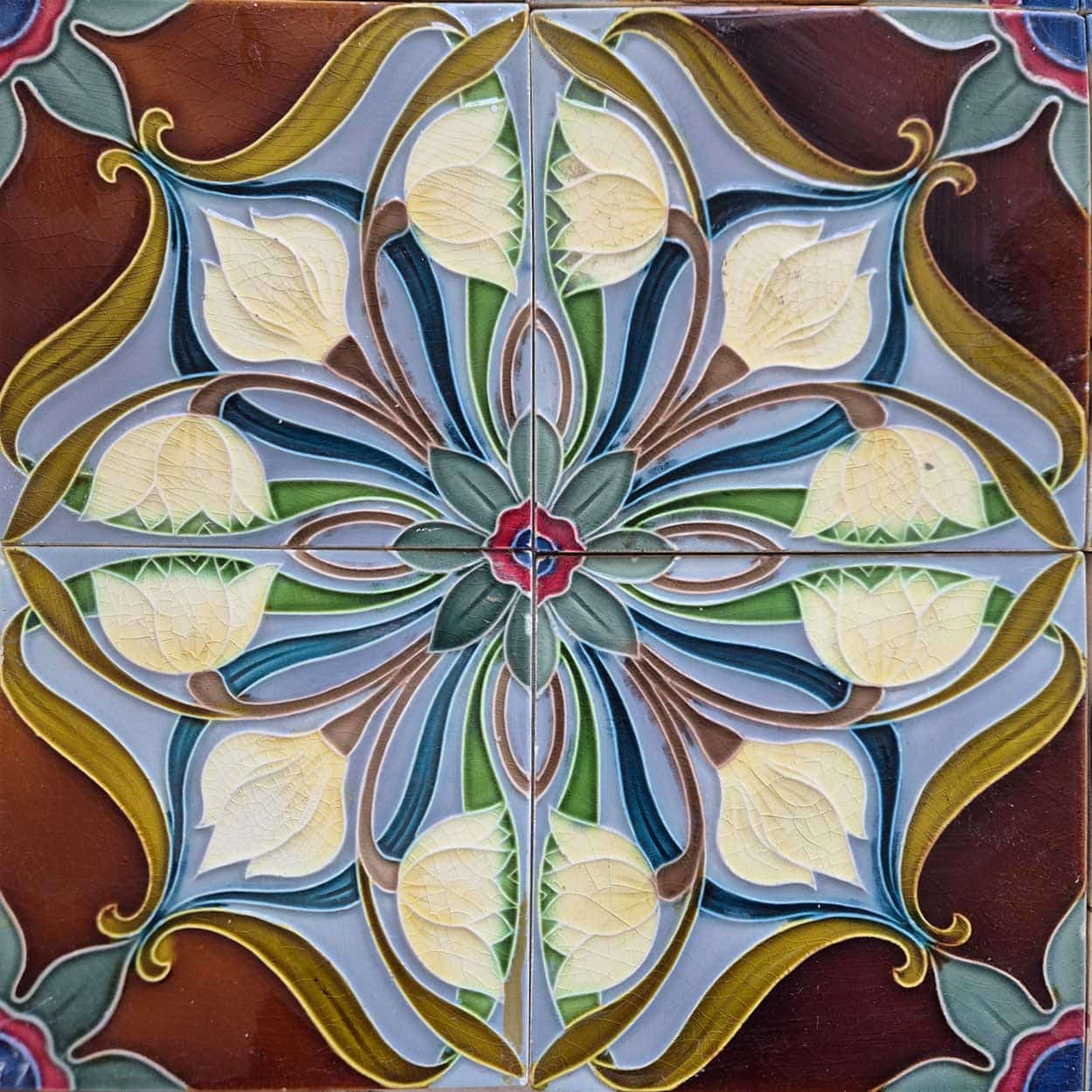 1 of the 20 Sets of 4 tiles Blue Brown Flower Glazed Tiles, Gilliot Hemiksem