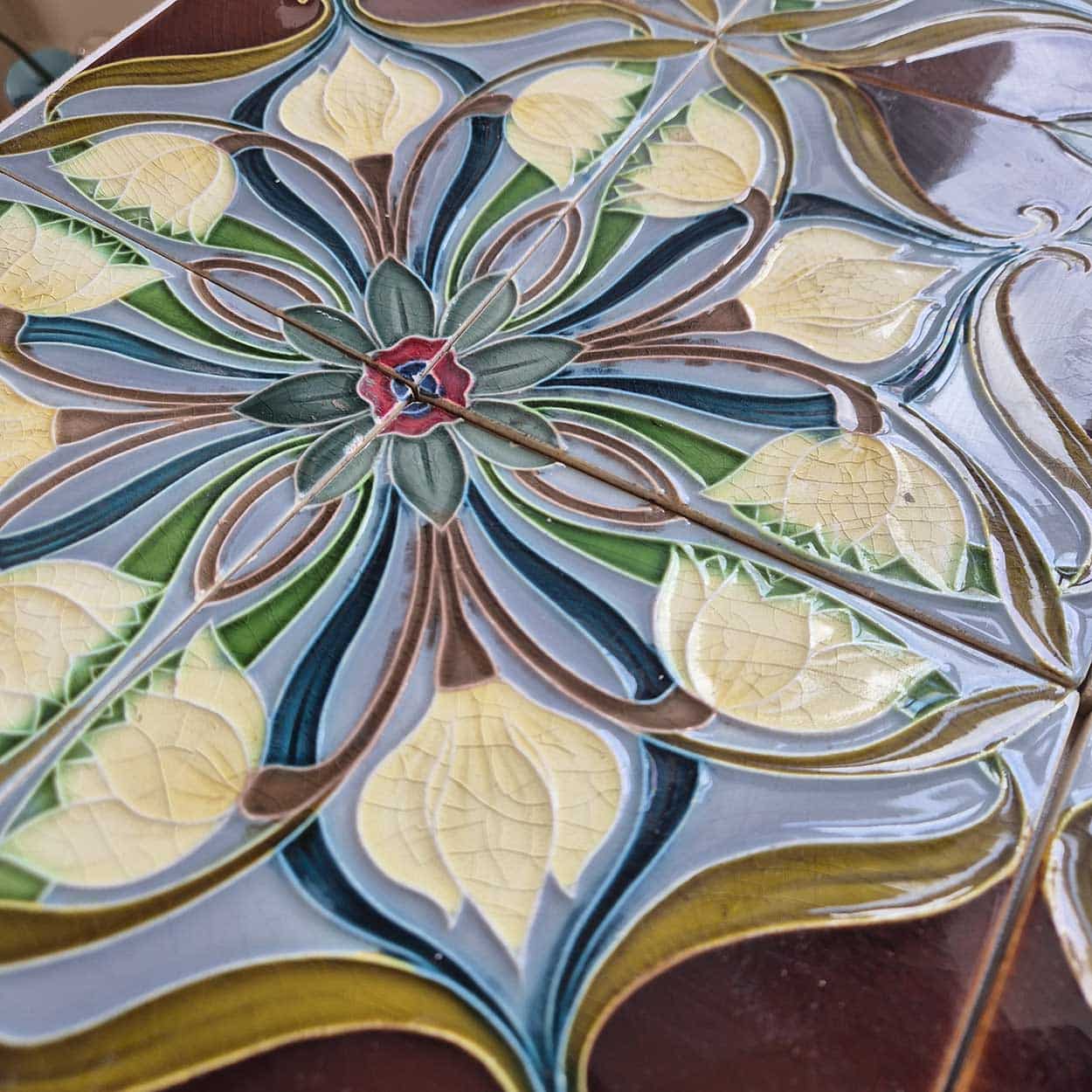 1 of the 20 Sets of 4 tiles Blue Brown Flower Glazed Tiles, Gilliot Hemiksem
