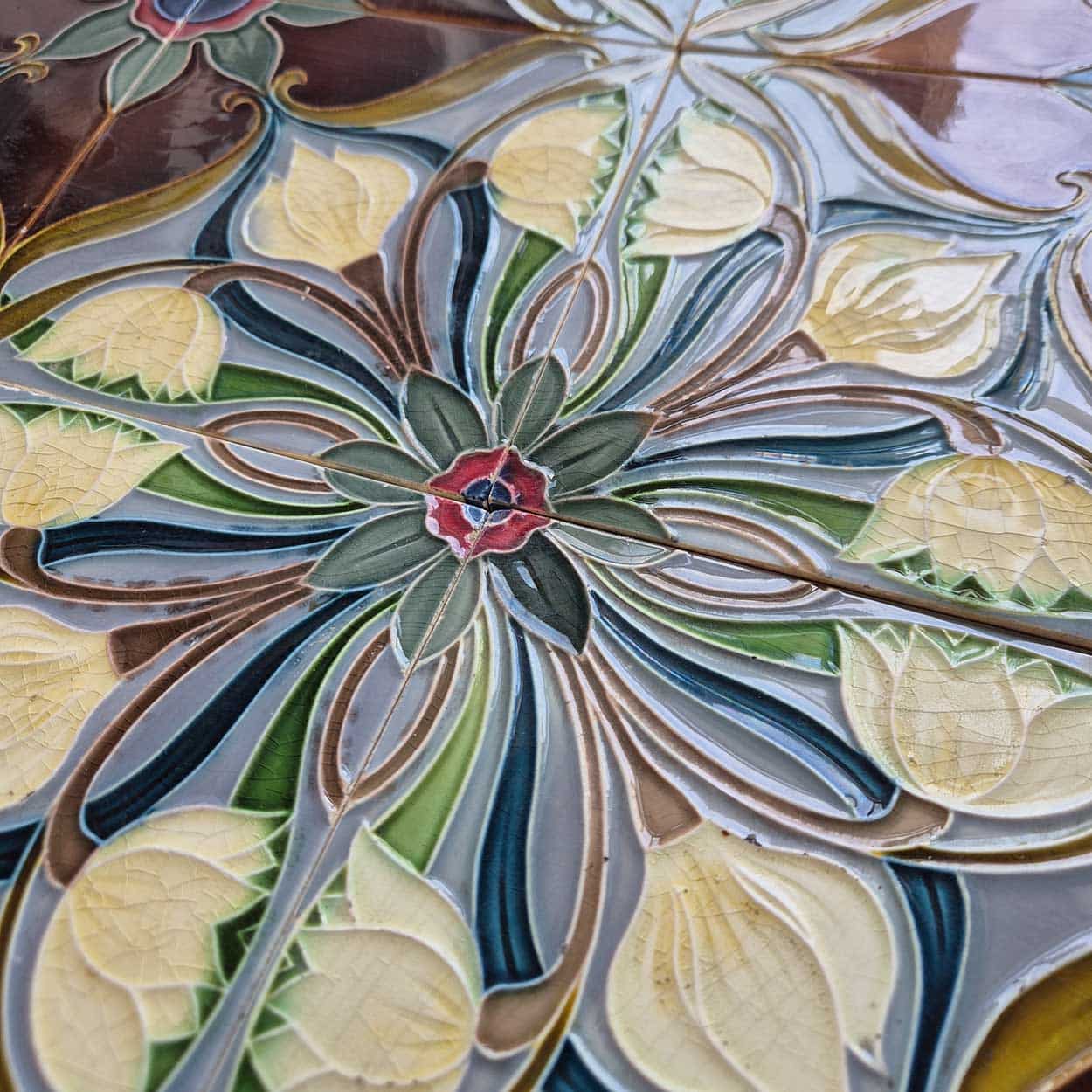 1 of the 20 Sets of 4 tiles Blue Brown Flower Glazed Tiles, Gilliot Hemiksem